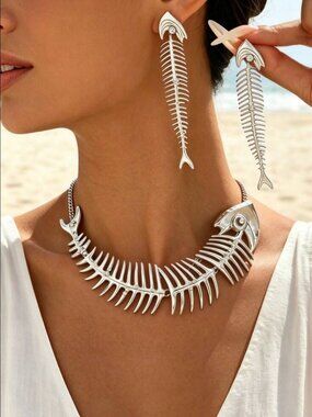 Fishbone Statement Necklace and Matching Earrings Set